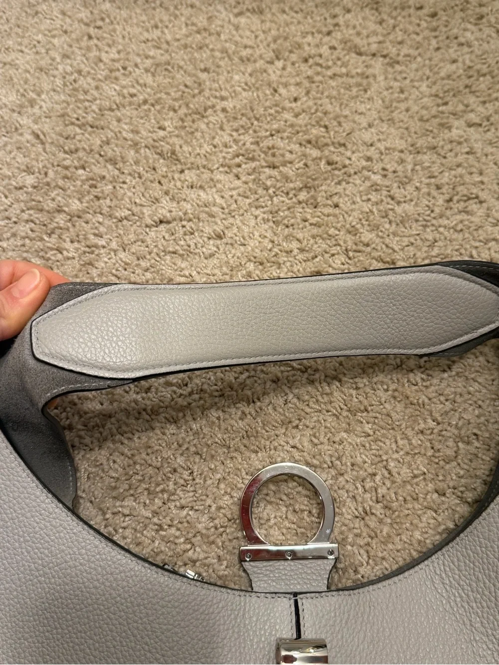 Structured Pebbled Leather Hobo Bag - Light Gray